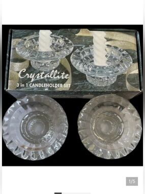 Crystallite 3 in 1 Candleholder Set. New in box. 2 4”x2” Crystal.
